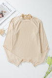 Parchment Ribbed Knit Lettuce Trim High Neck Long Sleeve Top