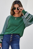 Blackish Green Contrast Print Striped Raglan Long Sleeve Loose Top