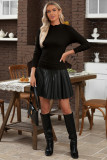 Black Ribbed Knit Lettuce Trim High Neck Long Sleeve Top