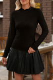Black Ribbed Knit Lettuce Trim High Neck Long Sleeve Top