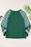 Blackish Green Contrast Print Striped Raglan Long Sleeve Loose Top