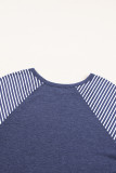 Navy Blue Contrast Print Striped Raglan Long Sleeve Loose Top