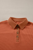 Gold Flame Solid Color Long Sleeve Thermal Knit Polo Collar Patchwork Top
