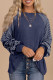 Navy Blue Contrast Print Striped Raglan Long Sleeve Loose Top