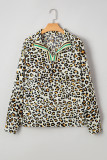 Khaki Leopard Print Contrast Striped V Neck Blouse