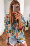 Sky Blue Floral Collared V Neck Roll up Sleeve Shift Blouse