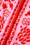Strawberry Pink Abstract Floral Print Tie Neck Button Decor 3/4 Sleeve Blouse