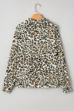 Khaki Leopard Print Contrast Striped V Neck Blouse