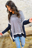 Blue Stripe Color Block Patchwork Dolman Oversize Tunic Sweater