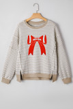 Brown Stripe Chenille Bow Patched Drop Shoulder Long Sleeve Top