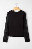 Black Polka Dot Mesh Puff Sleeve Patchwork Ribbed Square Neck Slim Top