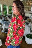 Red Floral Print Lace up V Neck Flounce Sleeve Blouse