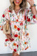 Beige Floral Print 3/4 Puff Sleeve Ricrac Trim Mini Dress