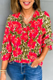 Red Floral Print Lace up V Neck Flounce Sleeve Blouse