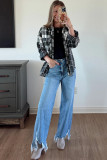 Black Plaid Print Textured Knit Buttoned Shacket