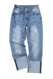 Sky Blue High Waist Distressed Straight Leg Jeans