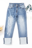 Sky Blue High Waist Distressed Straight Leg Jeans