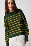 Green Stripe Ribbed Drop Shoulder Baggy Sweater