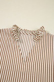 Straw Yellow Striped Print Tied Cuffs Split Neck Seersucker Blouse