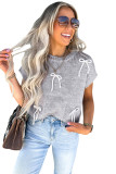Light Grey Bowknot Applique Cap Sleeve Sweater