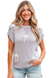 Light Grey Bowknot Applique Cap Sleeve Sweater