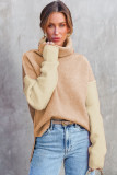 Pale Chestnut Color Block Turtle Neck Drop Shoulder Knit Sweater