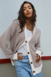 Brown Stripe Buttoned Front V Neck Herringbone Cardigan