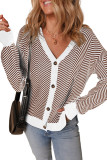 Brown Stripe Buttoned Front V Neck Herringbone Cardigan