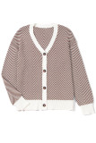 Brown Stripe Buttoned Front V Neck Herringbone Cardigan