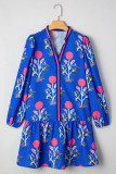 Sky Blue Floral Print Contrast Striped Trim Notched Neck Long Sleeve Dress