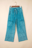 Lapis Mineral Wash Lace-up High Waist Raw Hem Patched Pocket Pants