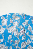 Sky Blue V Neck Floral Print 3/4 Puff Sleeve Blouse