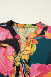 Black Floral Print Smocked Cuffs Puff Sleeve V Neck Blouse
