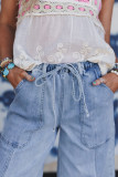 Beau Blue Drawstring Seam Detail Raw Hem Wide Leg Denim Pants