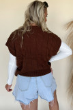 Dark Brown Cable Texture Crew Neck Short Sleeve Sweater Top