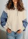Parchment Checkered Patchwork Kangaroo Pocket Half Zipper Hoodie