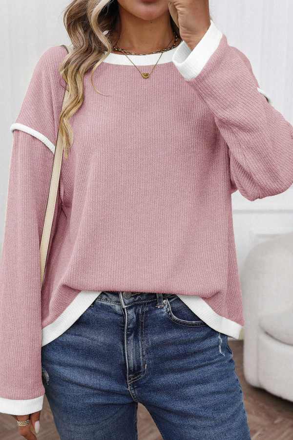 Light Pink Contrast Color Trim Knit Drop Shoulder Loose Top