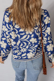Blue Flower Print Open Front Buttoned Cuffs Elegant Jacket