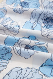 Sky Blue Floral Print Frilly Smocked Square Neck Long Sleeve Blouse