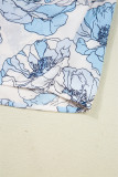 Sky Blue Floral Print Frilly Smocked Square Neck Long Sleeve Blouse