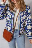 Blue Flower Print Open Front Buttoned Cuffs Elegant Jacket