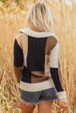 Multicolour Color Block Cable Knit Sleeve Buttons Collared Sweater