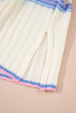 White Striped V Neck Dolman Sleeve Rib Knit Oversized Sweater with Slits