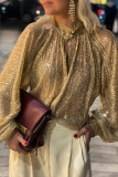 Gold Metallic Balloon Sleeve Buttoned High Neck Loose Blouse