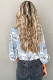 Sky Blue Floral Print Frilly Smocked Square Neck Long Sleeve Blouse
