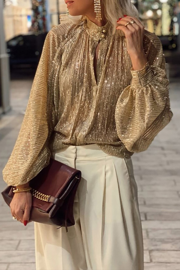 Gold Metallic Balloon Sleeve Buttoned High Neck Loose Blouse