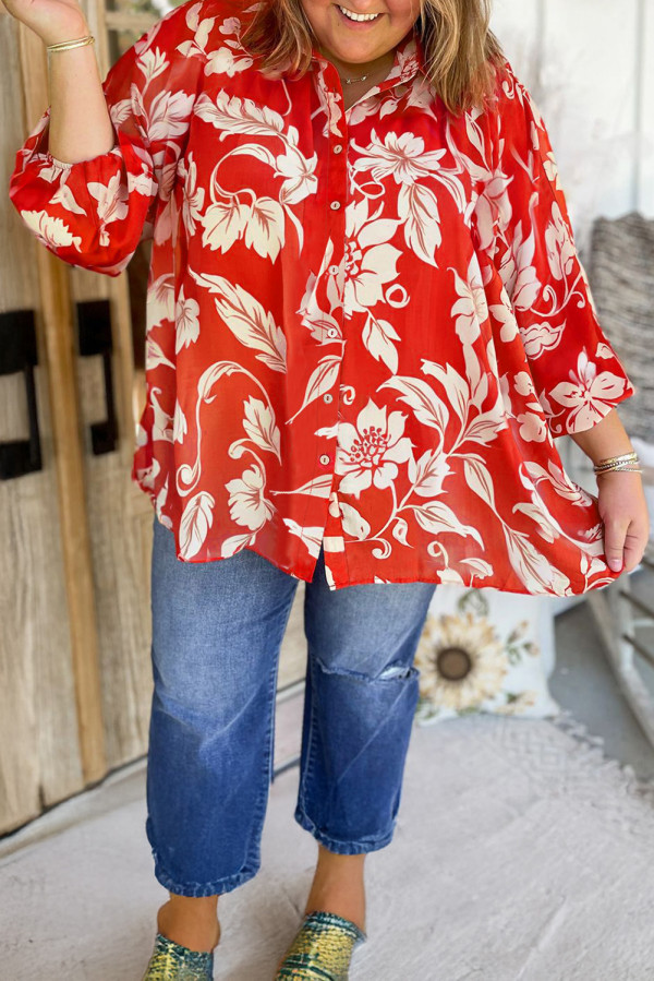 Red Plus Size Floral Print Loose Button Up Shirt