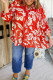 Red Plus Size Floral Print Loose Button Up Shirt