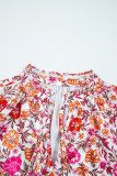 Pink Floral Print Tie Split Neck Bracelet Sleeve Blouse