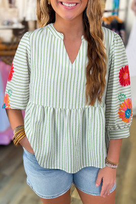 Green Stripe Flower Puff Sleeve Notched V Neck Babydoll Blouse
